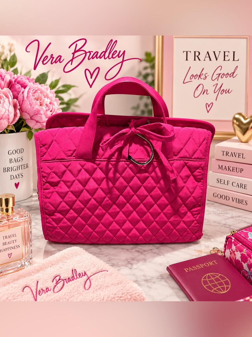 Vera Bradley Fuchsia Pink Signature Quilted Hanging Travel Organizer